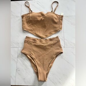 NWT Aerie Ribbed Sand Tan Bandeau High Waisted Cheeky Bikini size medium